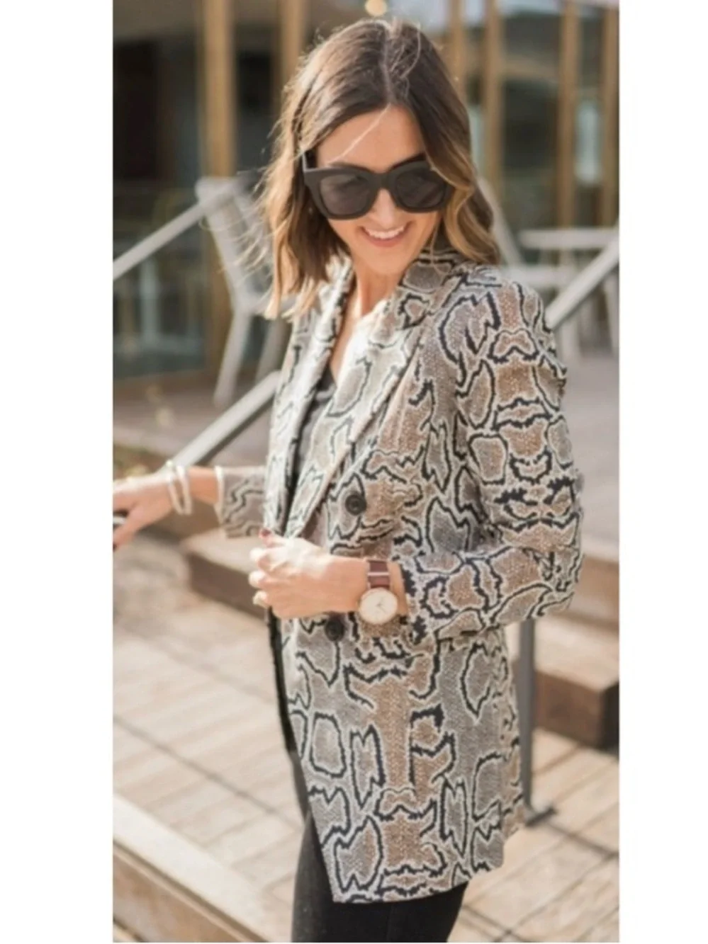 Cabi Python Snake Pattern Ponte Knit Double Breasted Blazer Jacket Grey 8